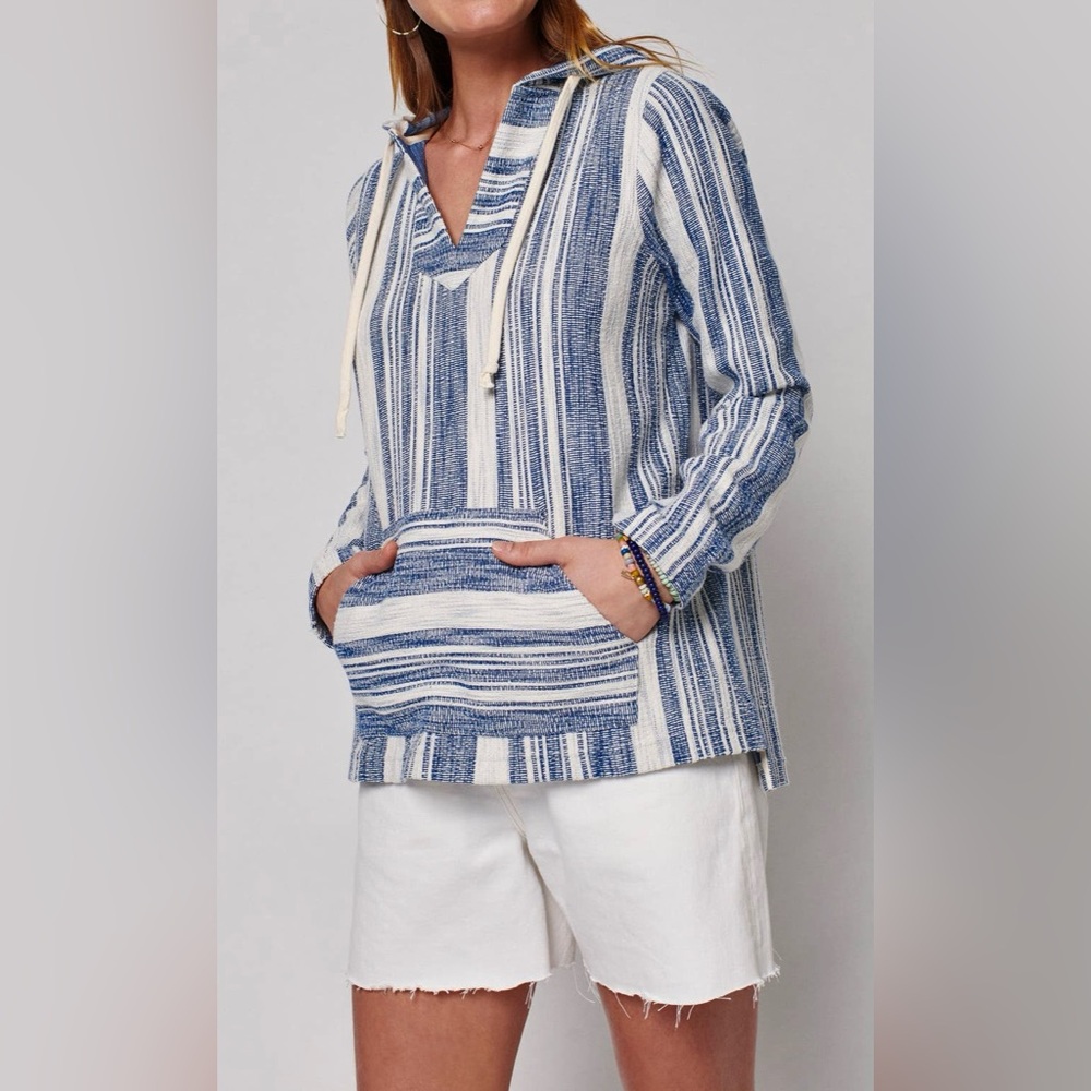 Faherty * Islet Stripe Poncho Hoodie, Blue / White, Women’s XS